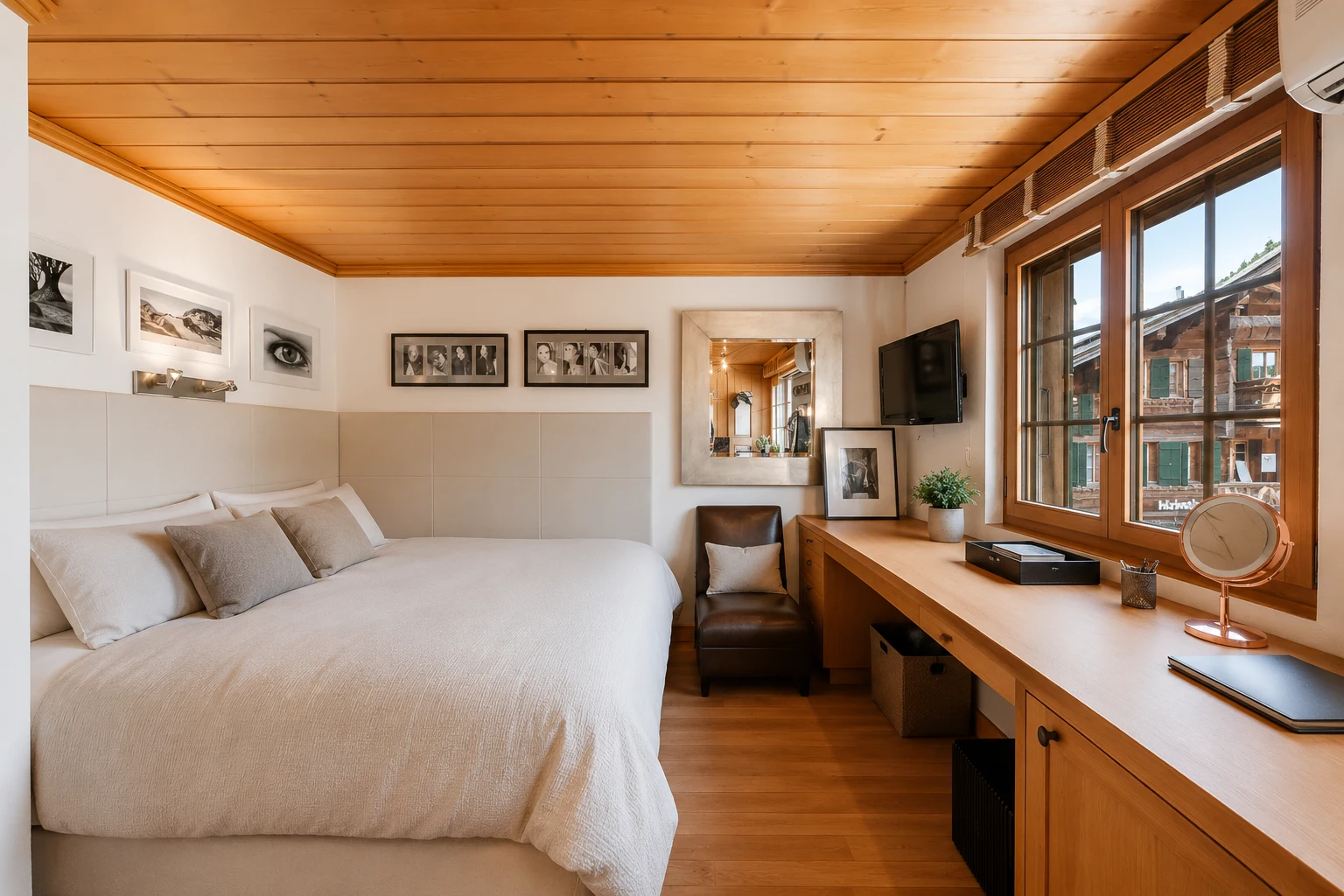 Chambre avec détails en bois traditionnels et bureau intégré dans un appartement à Gstaad