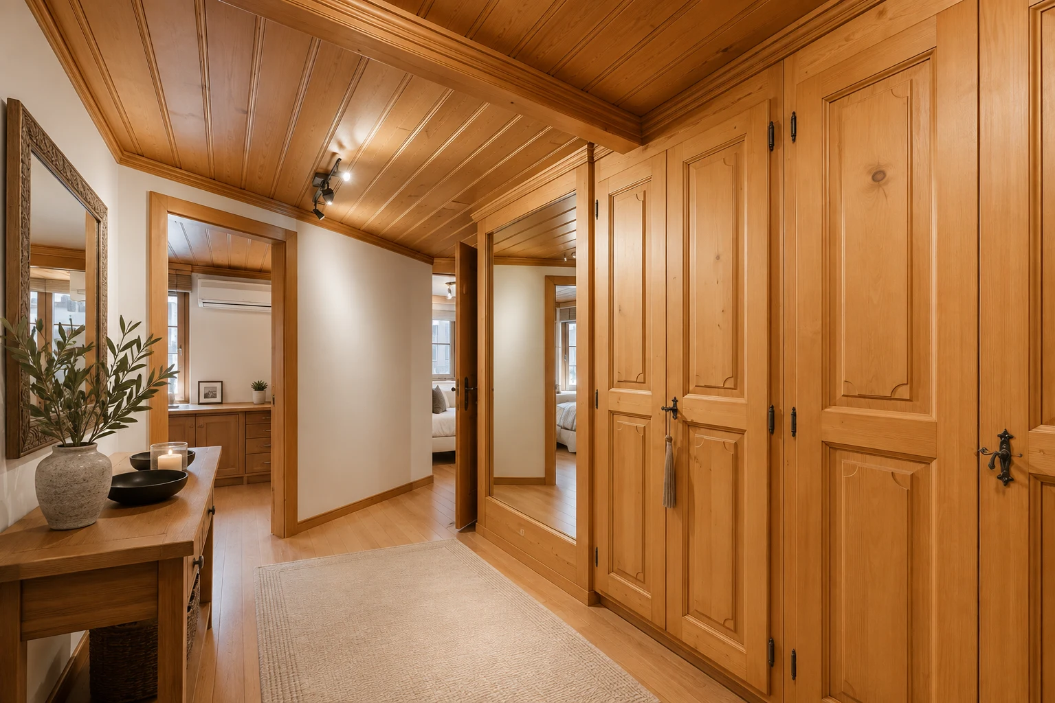 Couloir d'entrée avec portes en bois alpin traditionnel et armoires intégrées dans un appartement à Gstaad