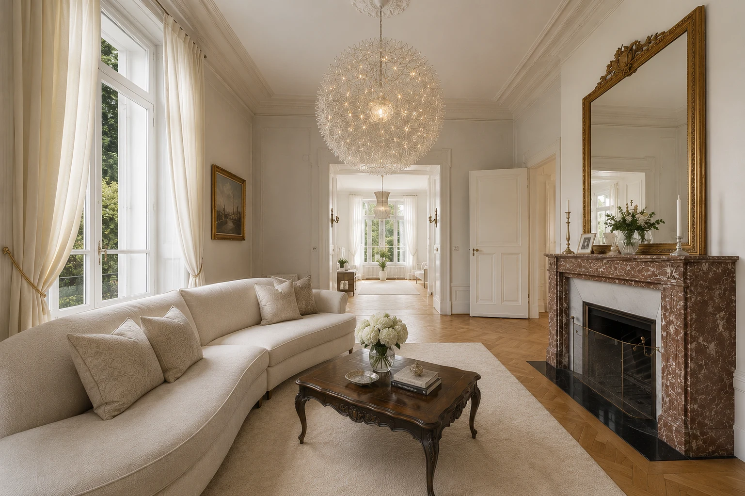Grand salon avec cheminée en marbre et lustre Moooi dans une villa historique à Montreux