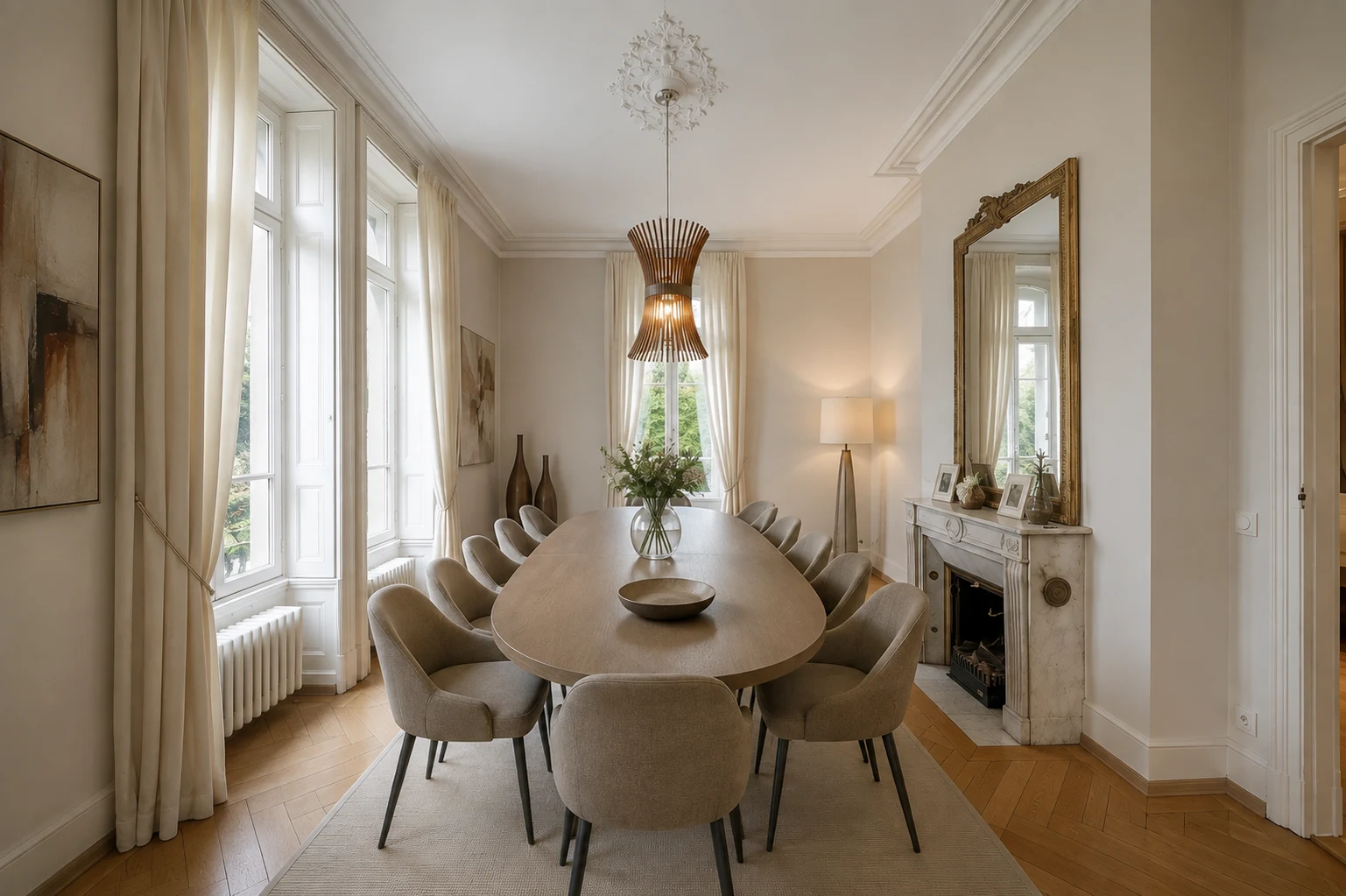 Salle à manger élégante avec cheminée en marbre et moulures d'époque dans une villa historique à Montreux