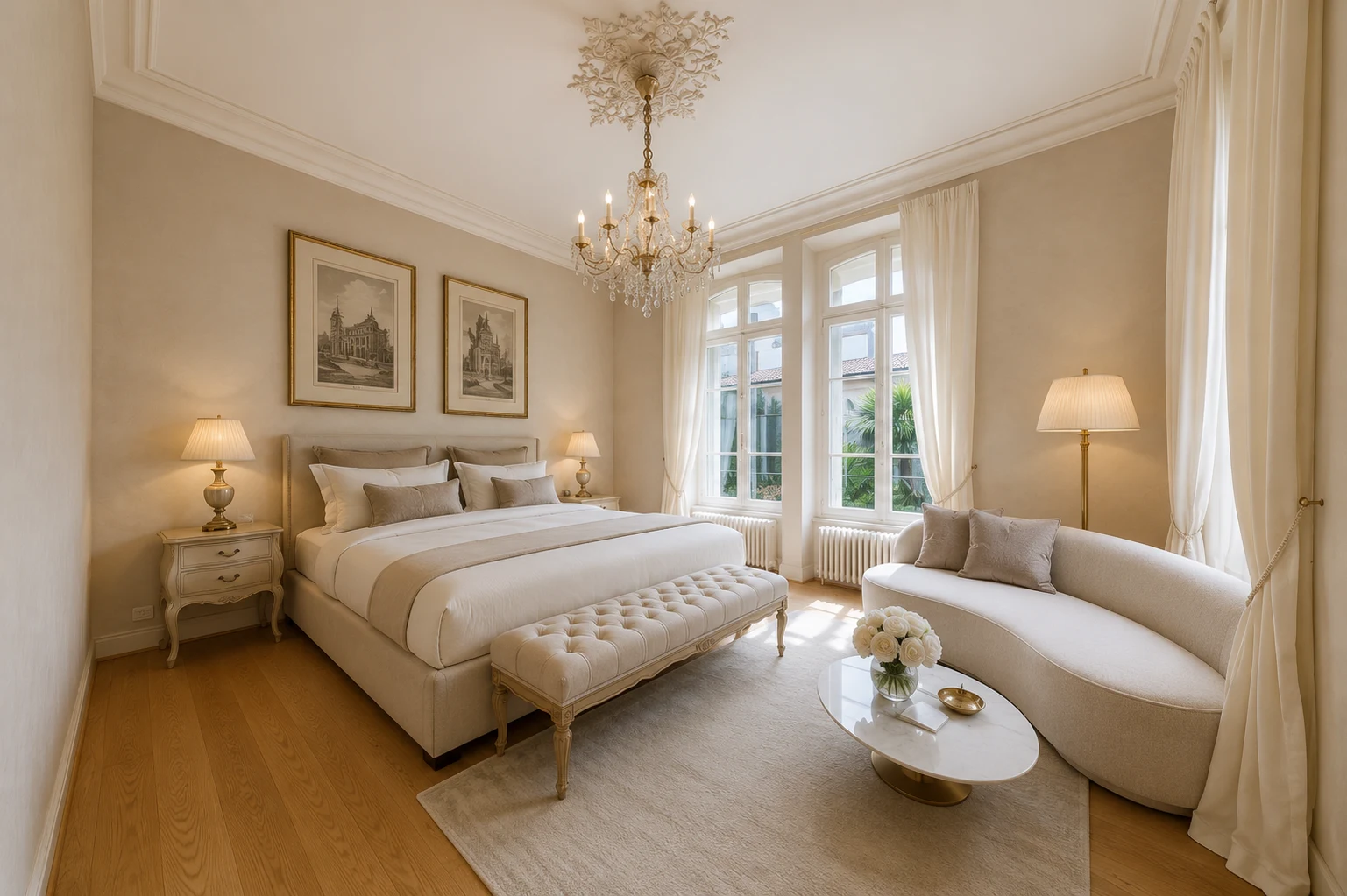 Chambre principale avec lustre en cristal et hautes fenêtres dans une villa rénovée à Montreux