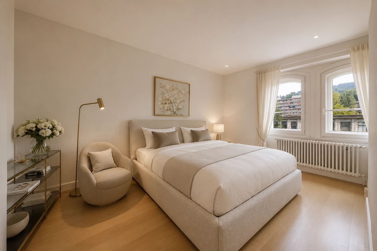 Chambre avec vue sur le jardin et ameublement contemporain dans une villa historique à Montreux