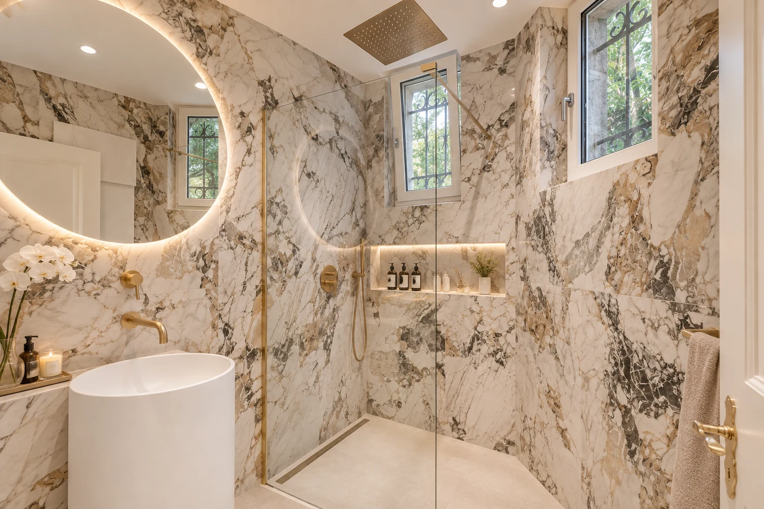 Salle de bain en marbre avec robinetterie en laiton et douche à l'italienne dans une villa historique rénovée à Montreux
