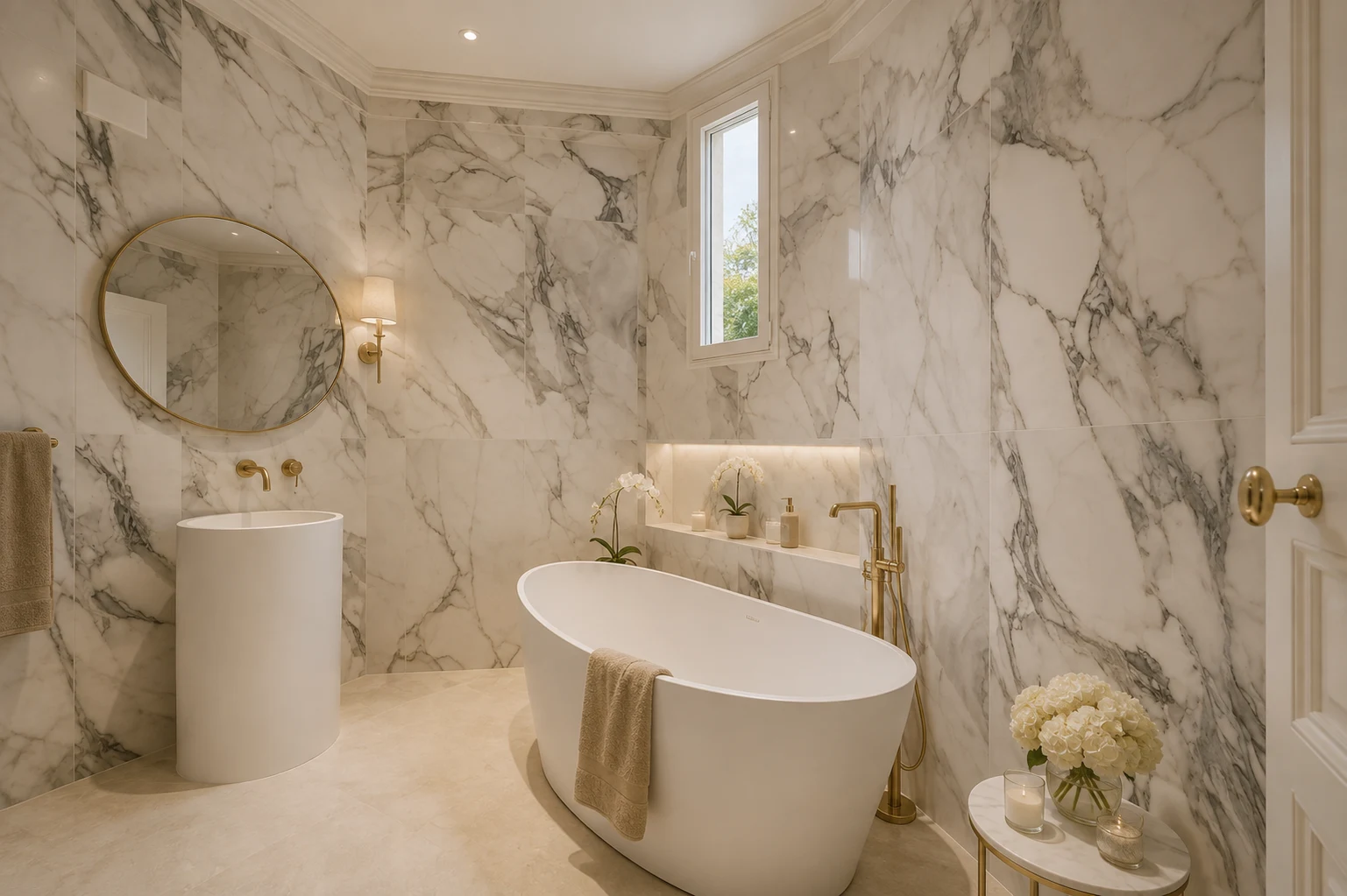 Salle de bain en marbre avec baignoire îlot et robinetterie en laiton dans une villa historique à Montreux