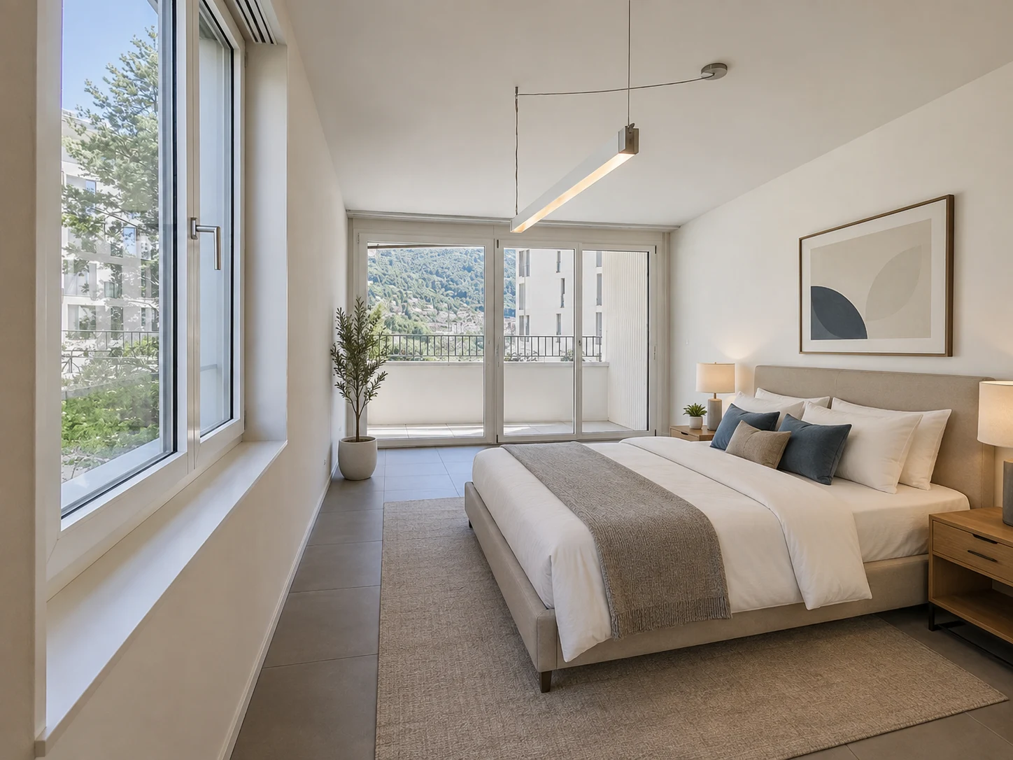 Séjour contemporain avec accès au balcon dans un appartement à Montreux
