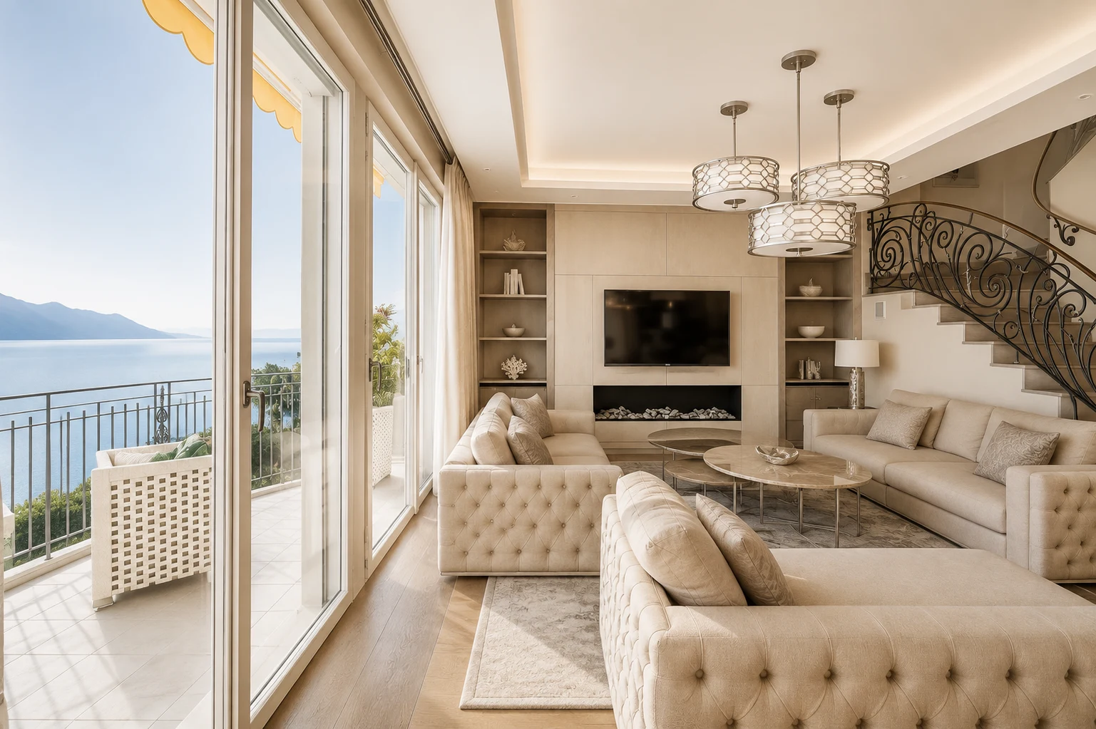 Grande salle de réception avec vue sur le lac et les montagnes dans un penthouse à Montreux