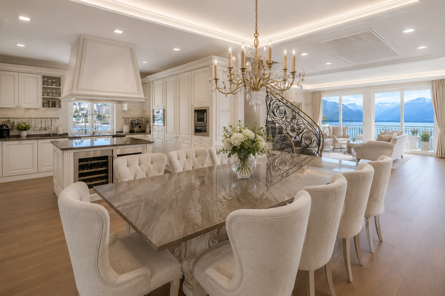 Salle à manger classique avec table en marbre et vue sur le lac Léman dans un penthouse à Montreux