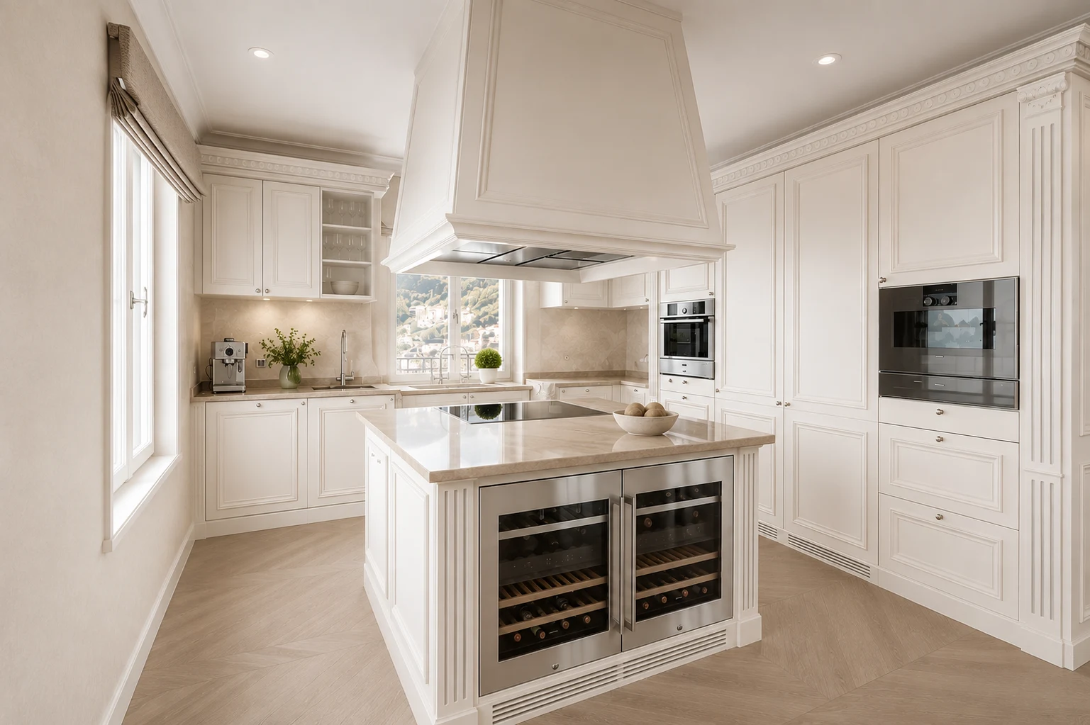 Cuisine élégante avec cave à vin et armoires classiques dans un penthouse à Montreux