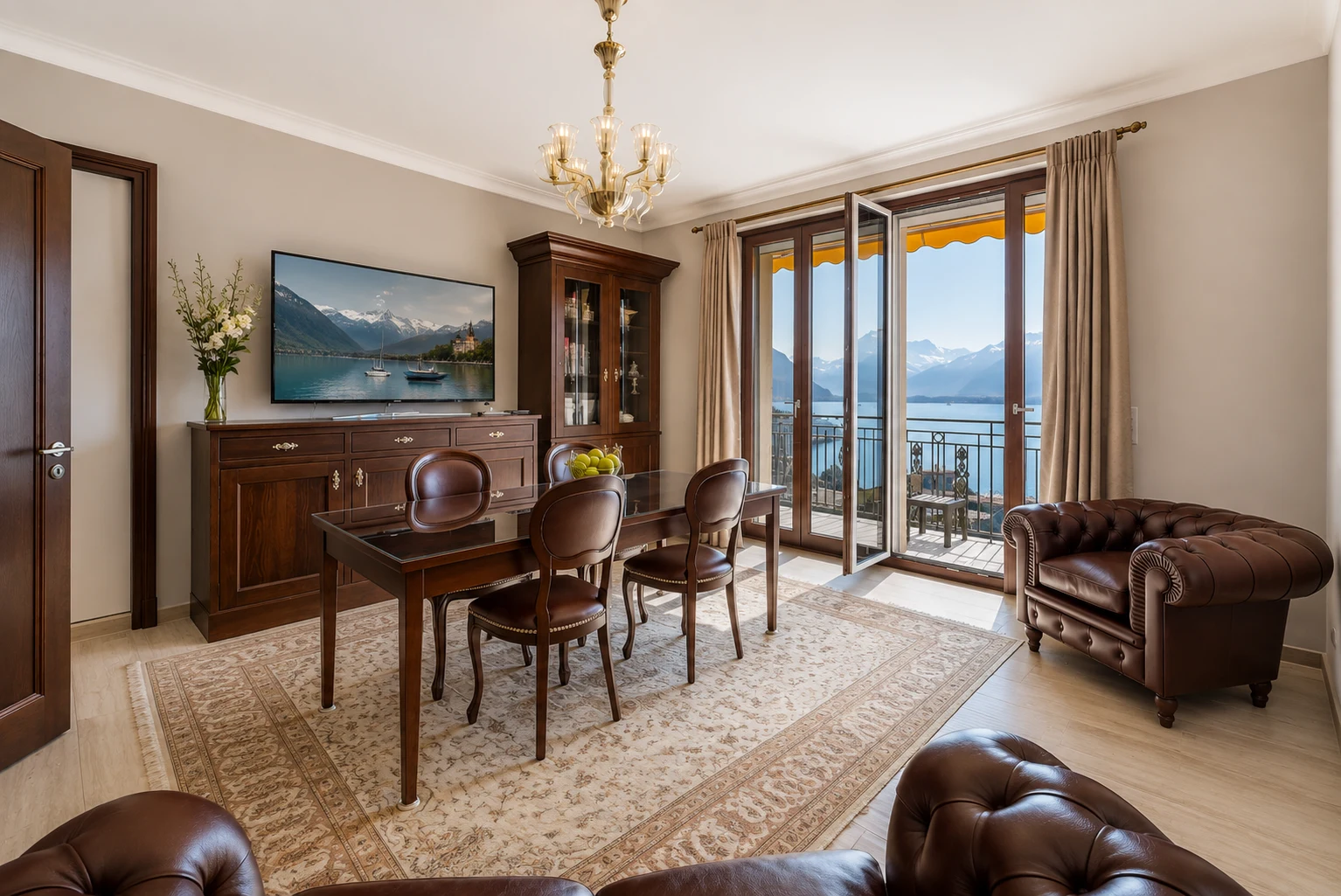 Séjour et salle à manger élégants avec vue panoramique sur le lac Léman dans le duplex penthouse du Château de Belmont, Montreux