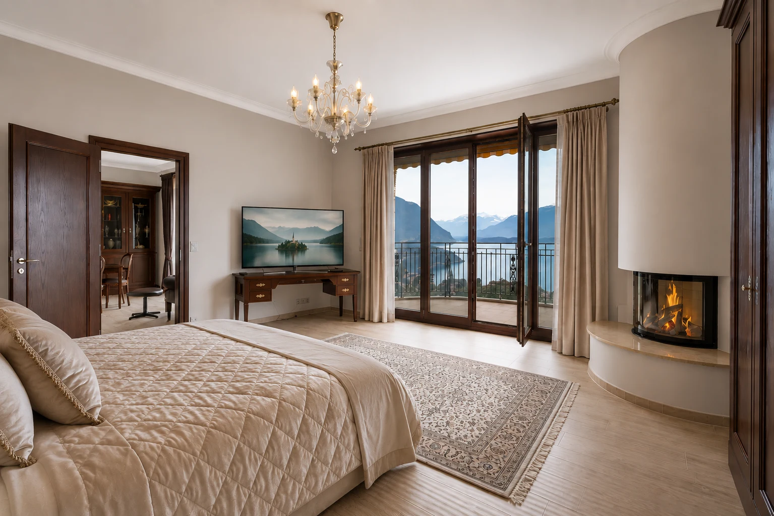 Suite chambre principale avec vue panoramique sur le lac Léman, cheminée et accès au balcon dans le duplex penthouse du Château de Belmont