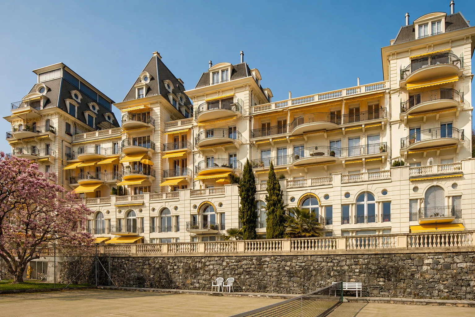 Façade Belle Époque du Château de Belmont à Montreux avec auvents jaunes caractéristiques et balcons ornementaux